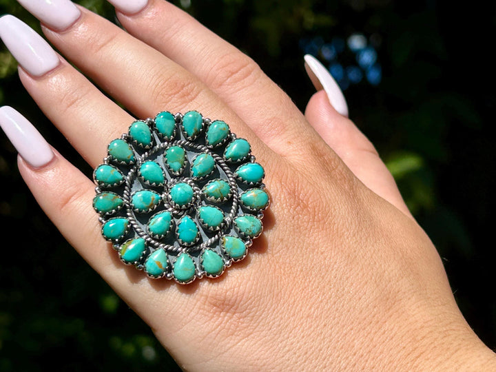 Kingman Turquoise Cluster Ring - Sterling Silver - Statement Big Ring, Southwestern Style