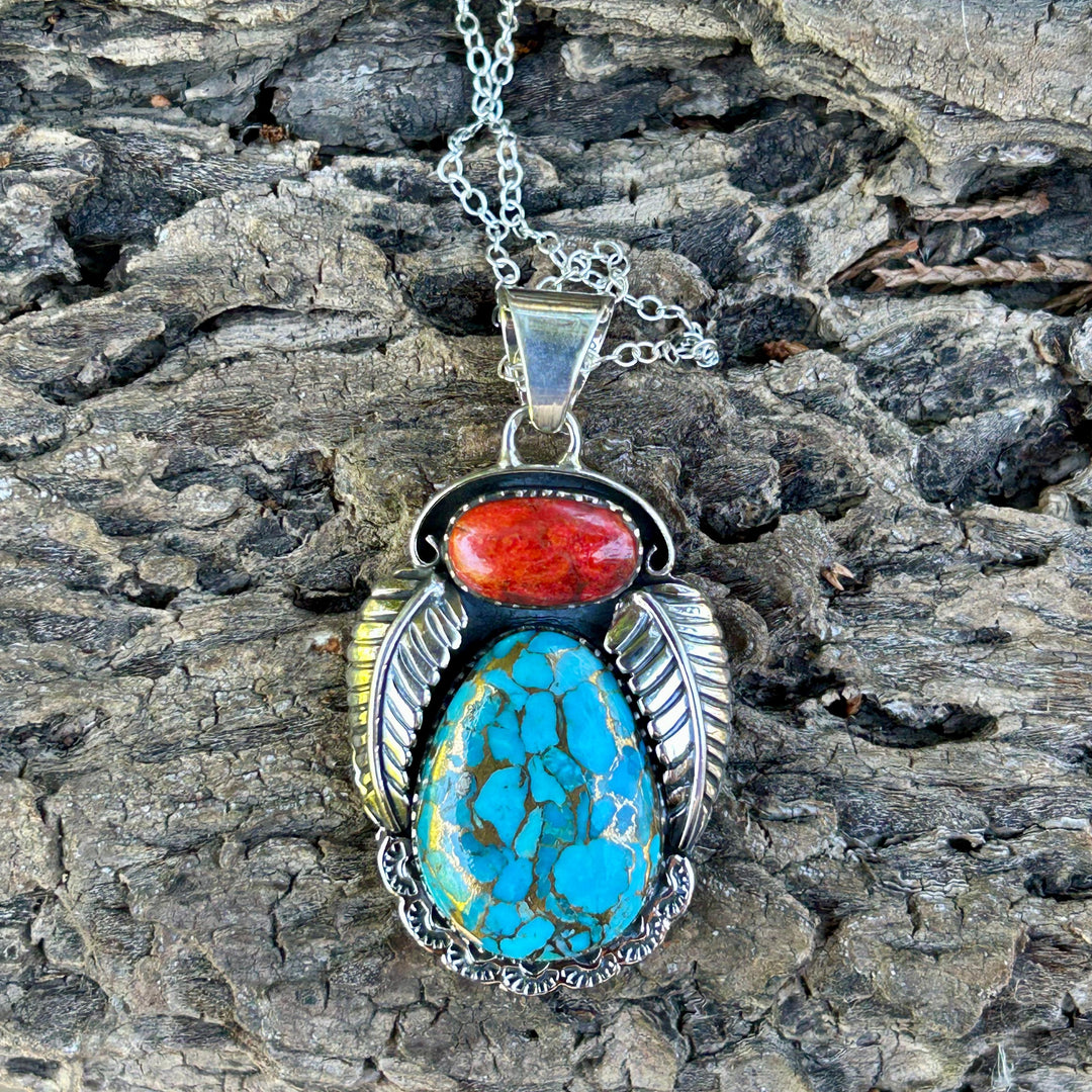 Turquoise & Red Coral Pendant Necklace: Sterling Silver Unisex