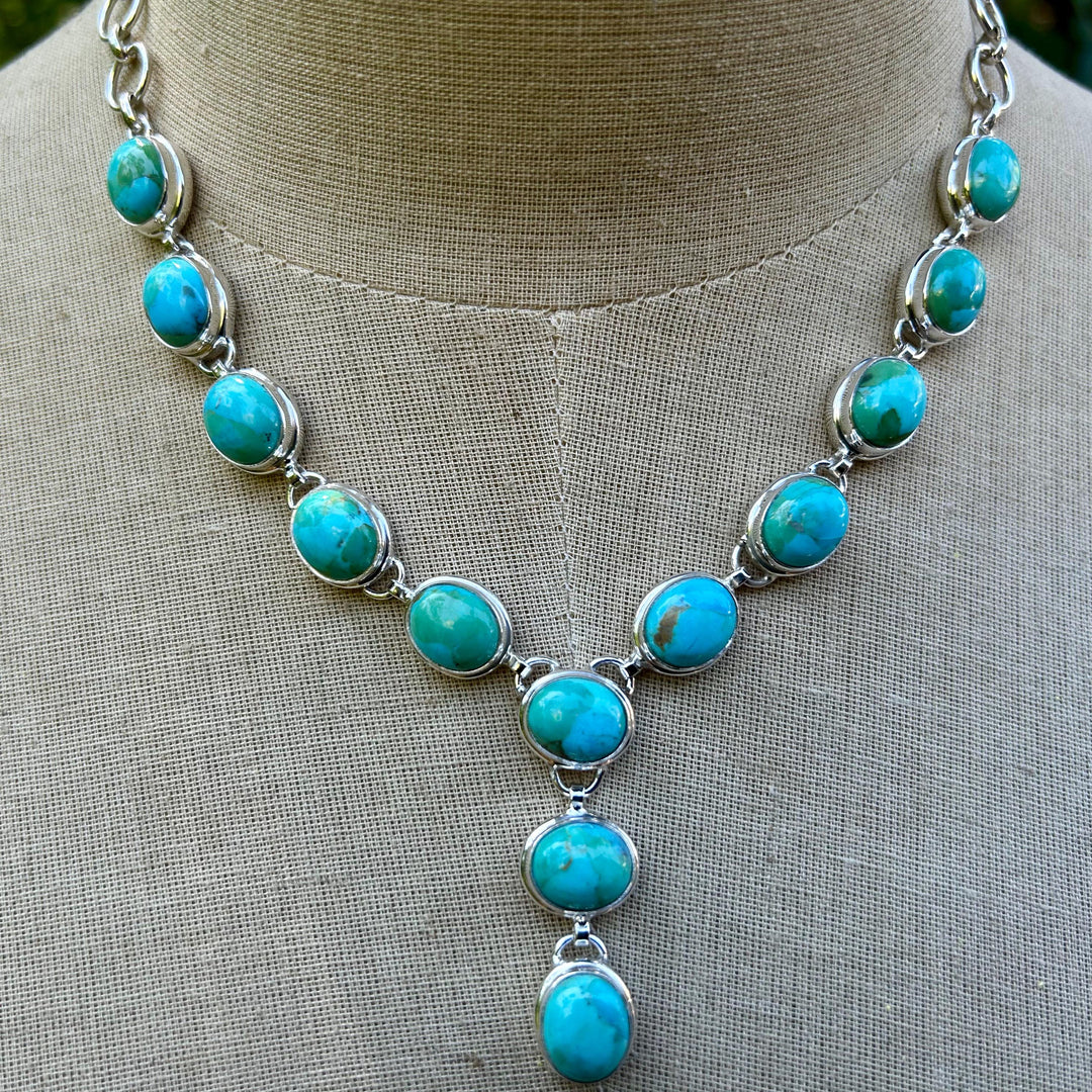 Kingman Turquoise Lariat Necklace, Sterling Silver Choker, Handmade, Adjustable