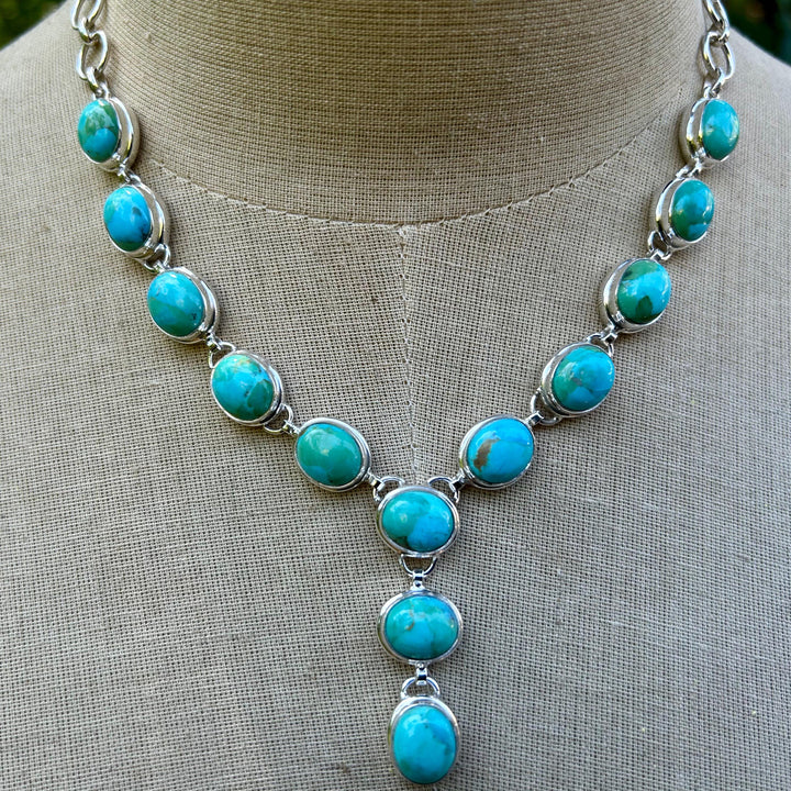 Kingman Turquoise Lariat Necklace, Sterling Silver Choker, Handmade, Adjustable