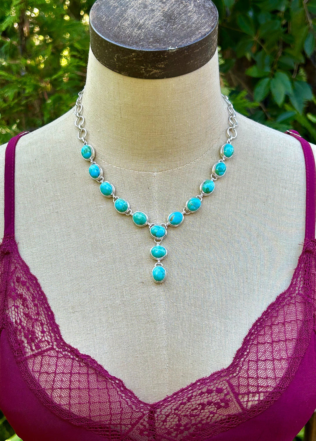 Kingman Turquoise Lariat Necklace, Sterling Silver Choker, Handmade, Adjustable