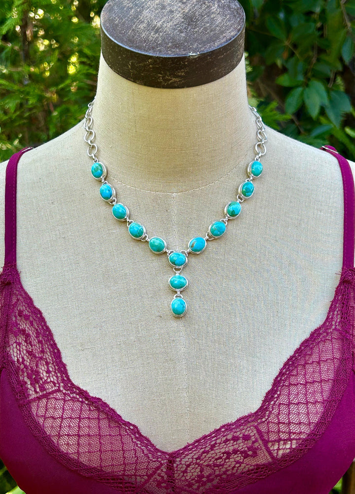 Kingman Turquoise Lariat Necklace, Sterling Silver Choker, Handmade, Adjustable