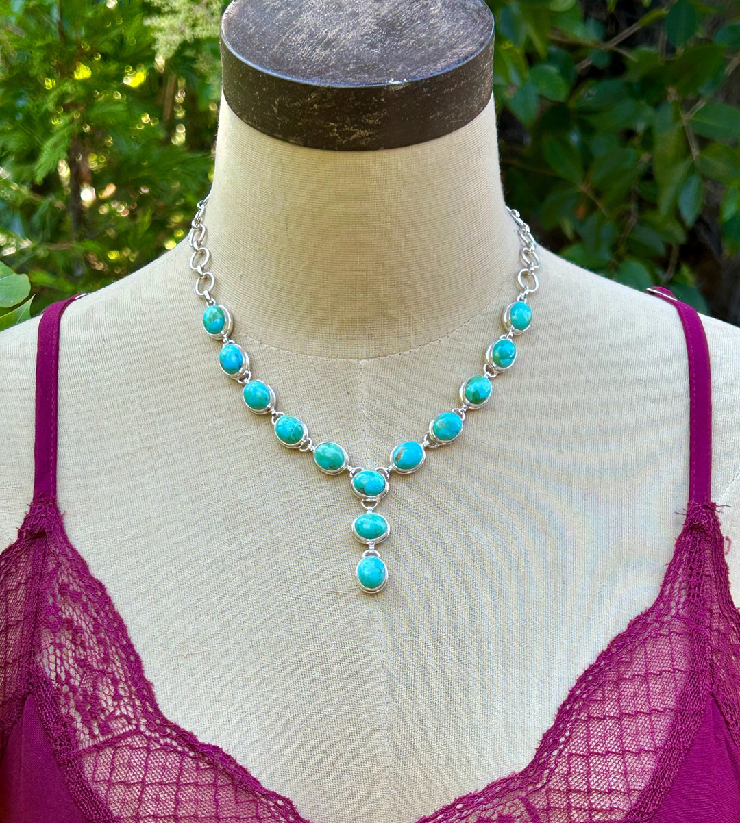 Kingman Turquoise Lariat Necklace, Sterling Silver Choker, Handmade, Adjustable