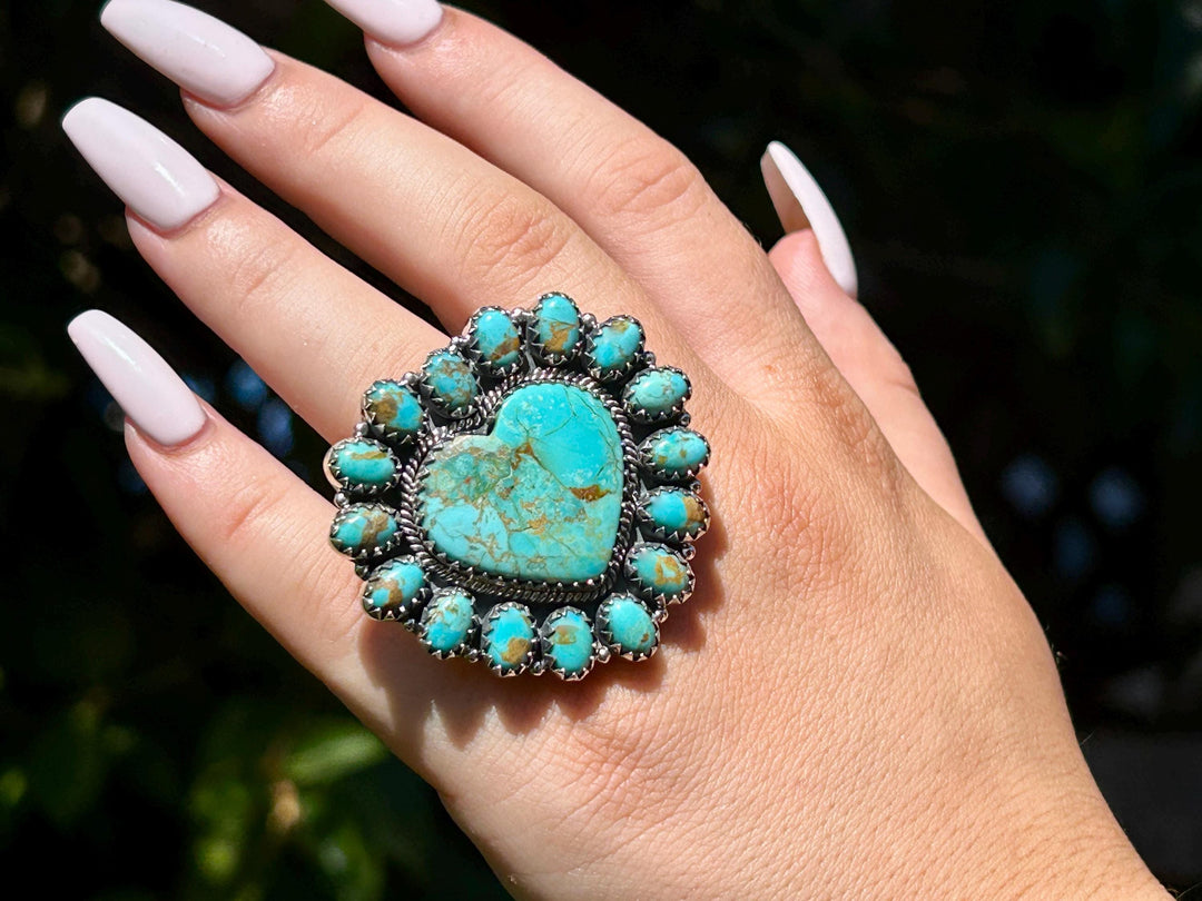 Kingman Turquoise Cluster Ring - Sterling Silver, Turquoise Heart Statement Ring