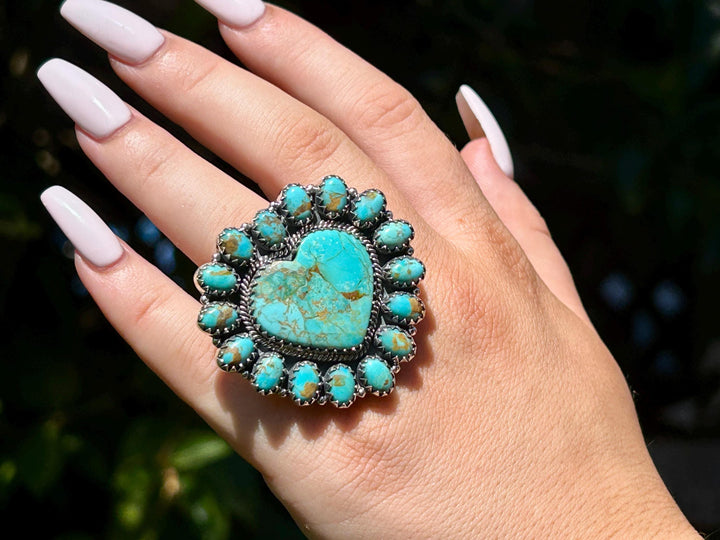 Kingman Turquoise Cluster Ring - Sterling Silver, Turquoise Heart Statement Ring