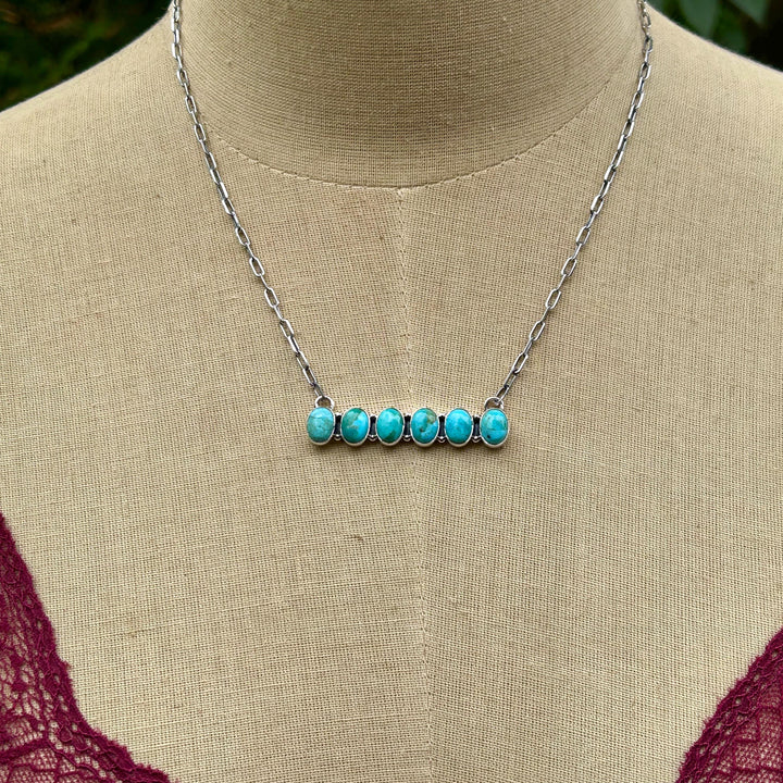 Kingman Turquoise Bar Pendant Necklace - Sterling Silver Paper Clip Chain