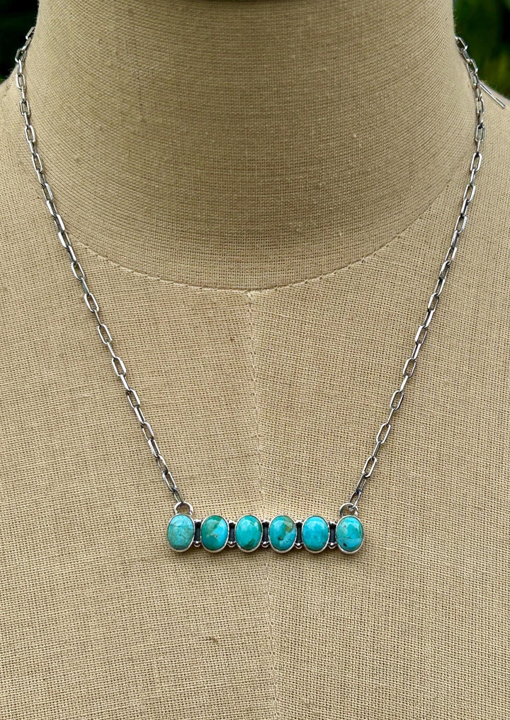 Kingman Turquoise Bar Pendant Necklace - Sterling Silver Paper Clip Chain