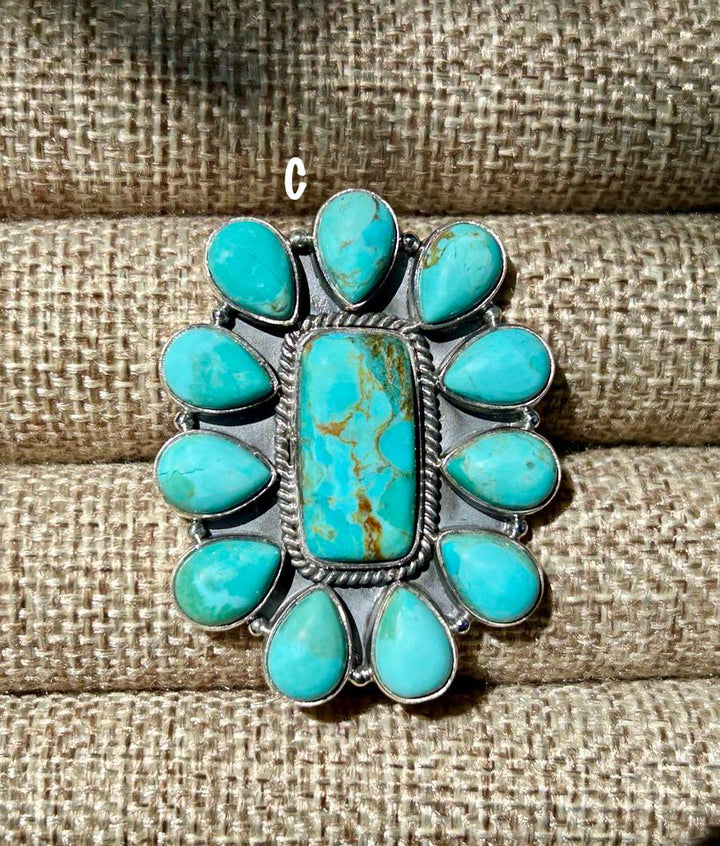Kingman Turquoise Ring - Sterling Silver - Turquoise Squash Blossom Ring - Adjustable