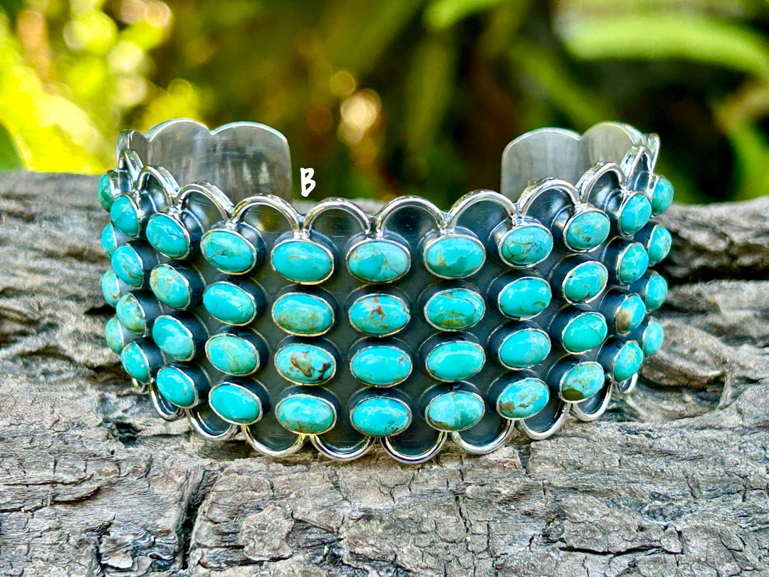 Kingman Turquoise Cluster Cuff - Handcrafted Sterling Silver Adjustable Bracelet