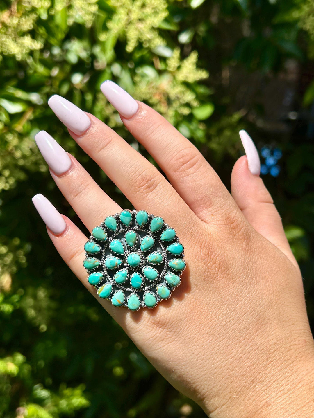 Kingman Turquoise Cluster Ring - Sterling Silver - Statement Big Ring, Southwestern Style