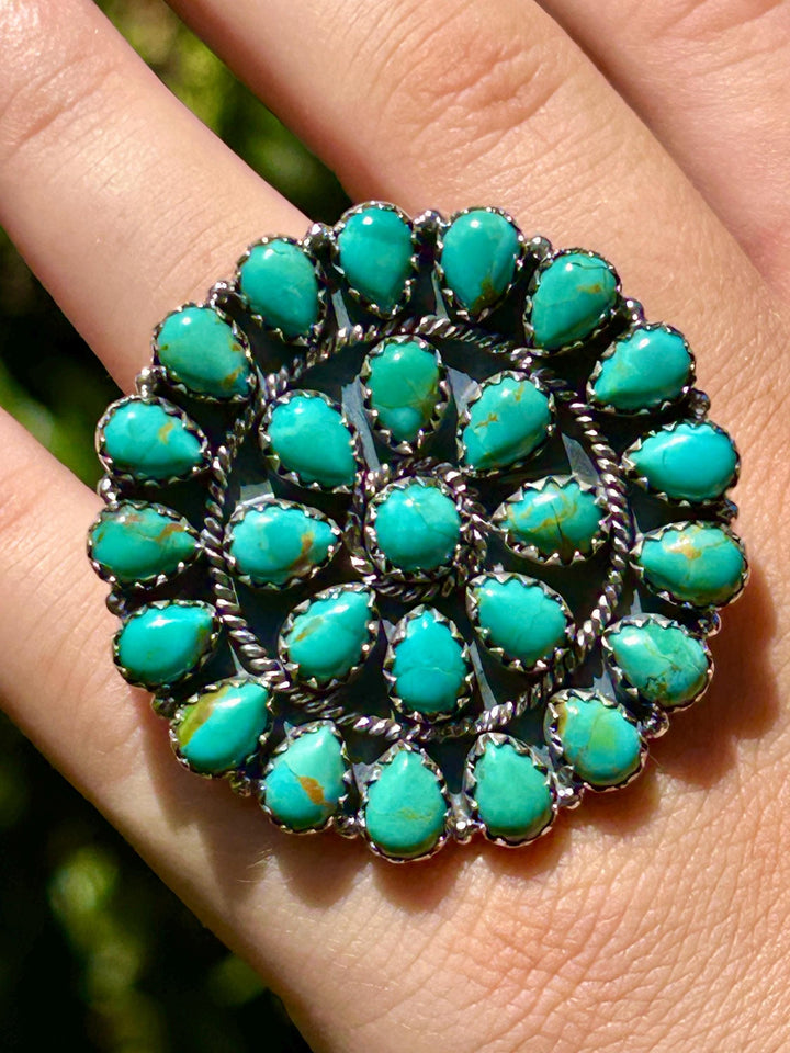 Kingman Turquoise Cluster Ring - Sterling Silver - Statement Big Ring, Southwestern Style
