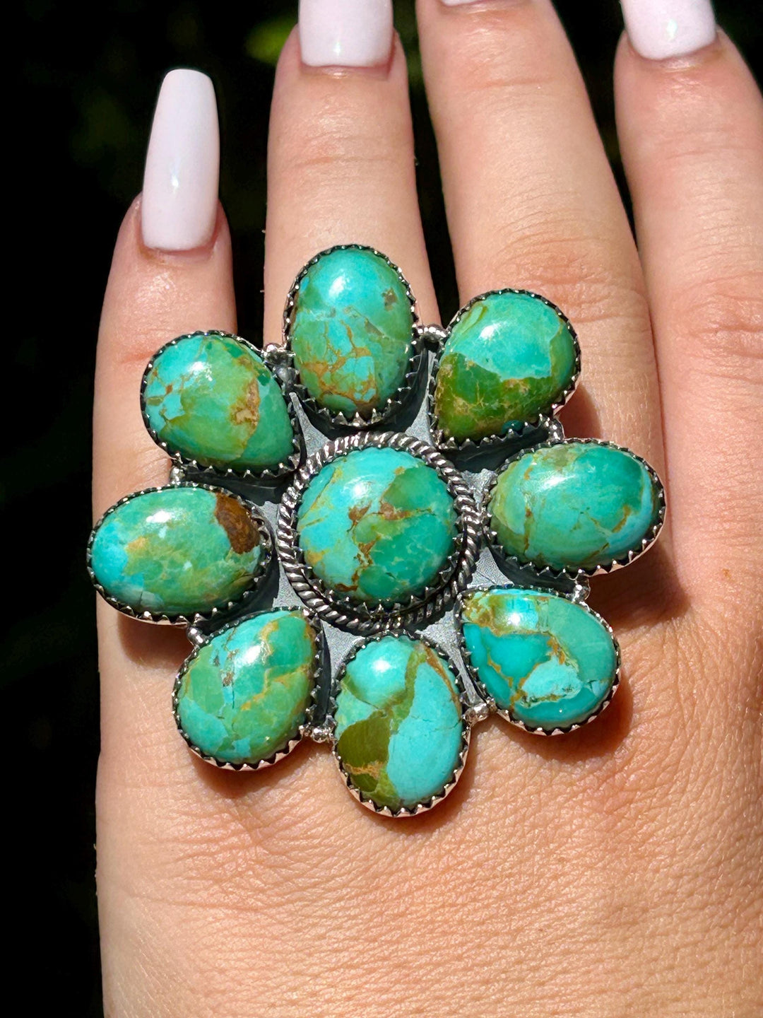 Kingman Turquoise Statement ring - Adjustable Sterling Silver -  Turquoise Flower Big Ring - Turquoise Gemstone Ring - Southwestern Style