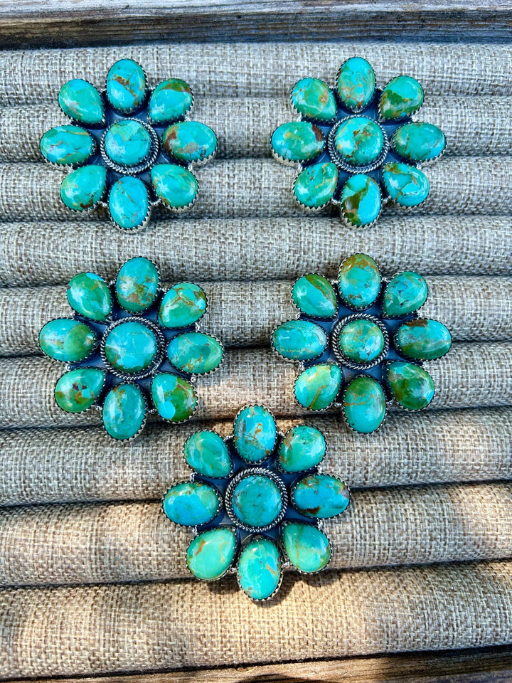 Kingman Turquoise Statement ring - Adjustable Sterling Silver -  Turquoise Flower Big Ring - Turquoise Gemstone Ring - Southwestern Style