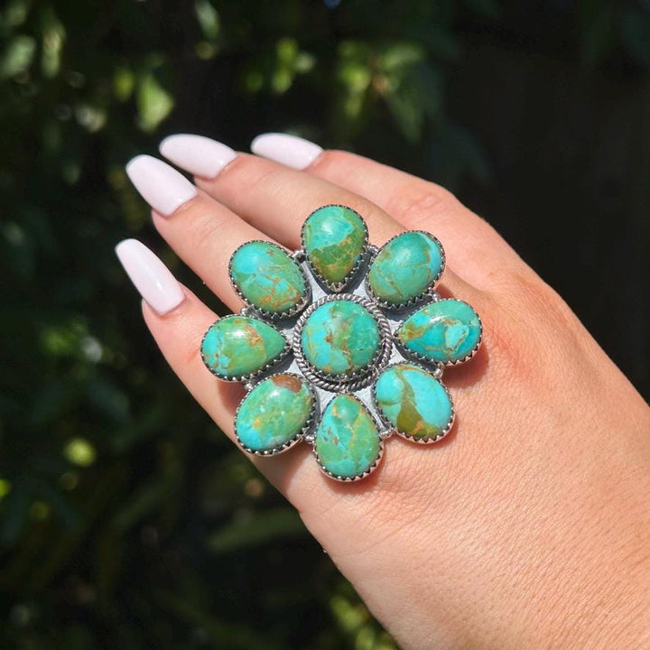 Kingman Turquoise Statement ring - Adjustable Sterling Silver -  Turquoise Flower Big Ring - Turquoise Gemstone Ring - Southwestern Style
