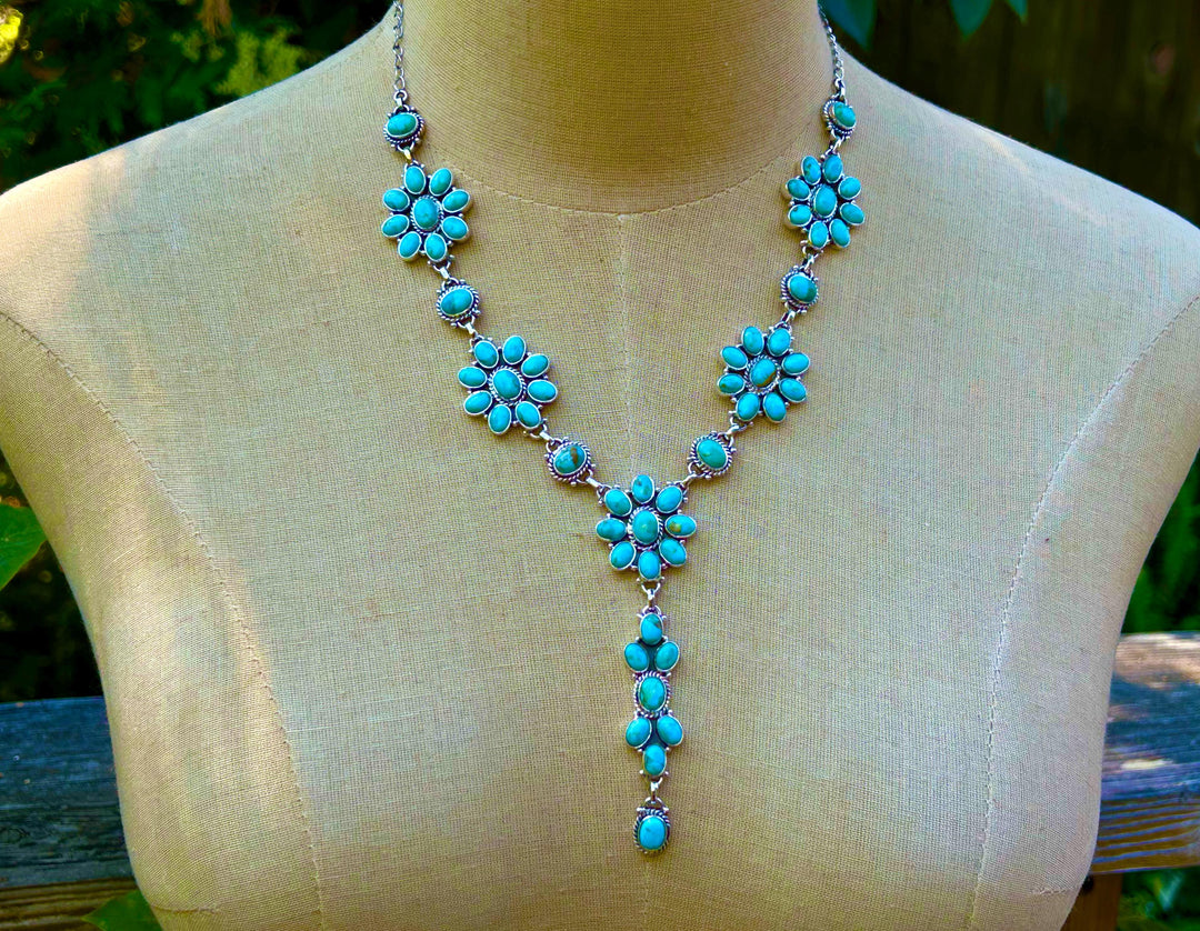 Natural Turquoise Necklace, 925 Sterling Silver Cluster Necklace, Turquoise Jewelry, Unique Necklace, Anniversary Gift, Handmade Necklace