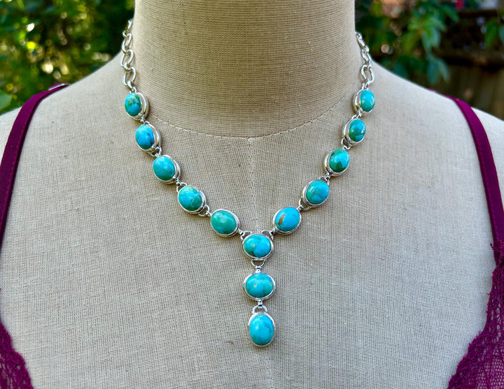 Kingman Turquoise Lariat Necklace, Sterling Silver Choker, Handmade, Adjustable