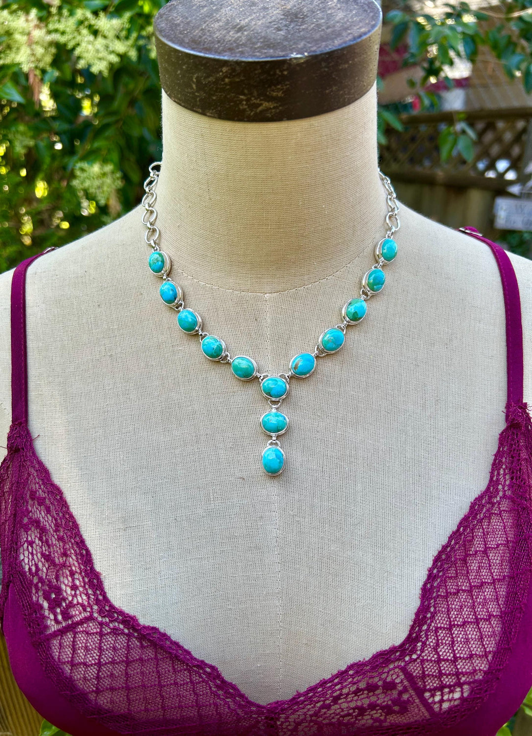 Kingman Turquoise Lariat Necklace, Sterling Silver Choker, Handmade, Adjustable