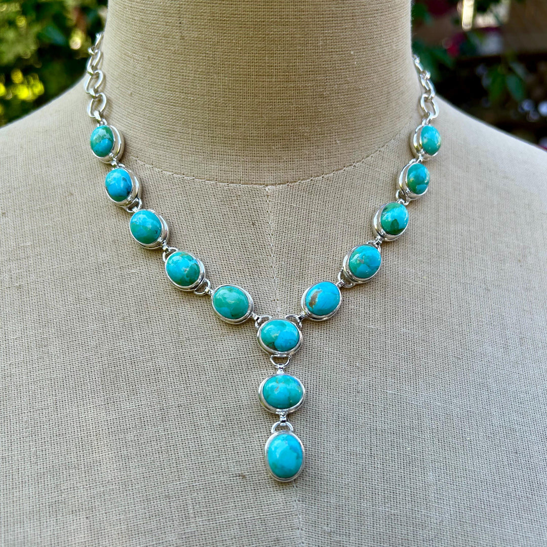 Kingman Turquoise Lariat Necklace, Sterling Silver Choker, Handmade, Adjustable