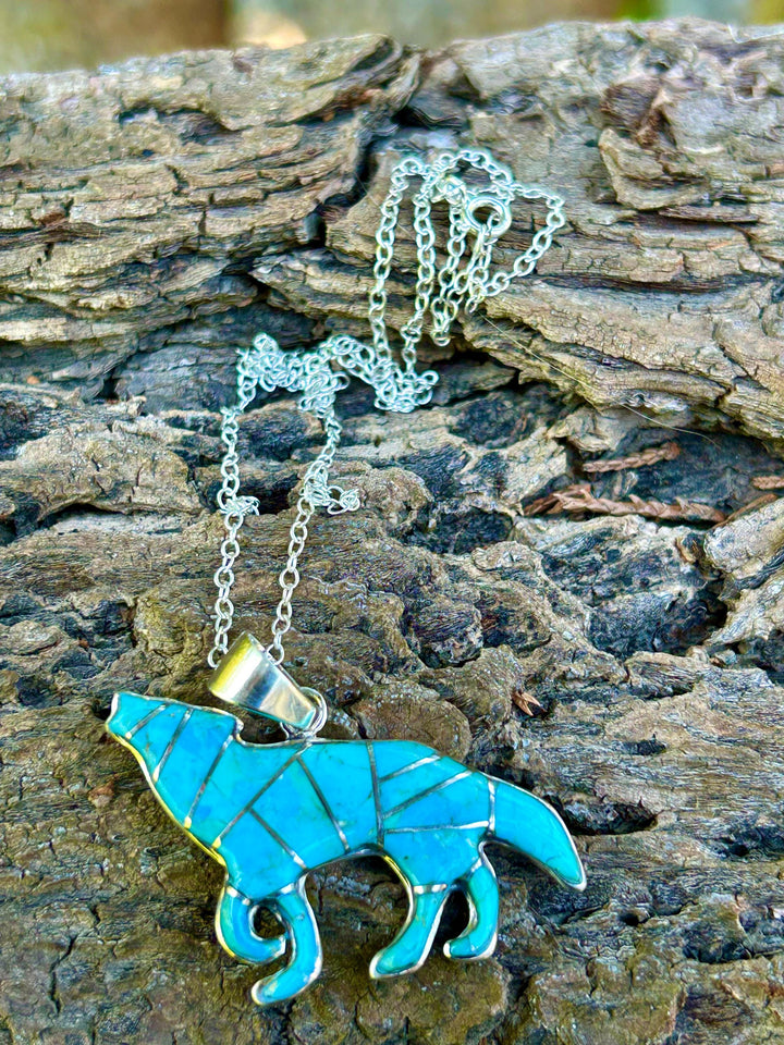 Turquoise Wolf Pendant Necklace, Sterling Silver Chain