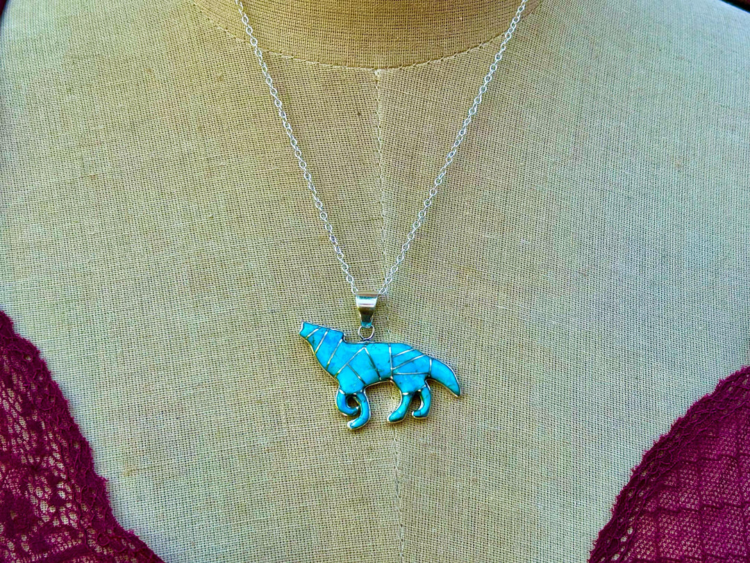 Turquoise Wolf Pendant Necklace, Sterling Silver Chain