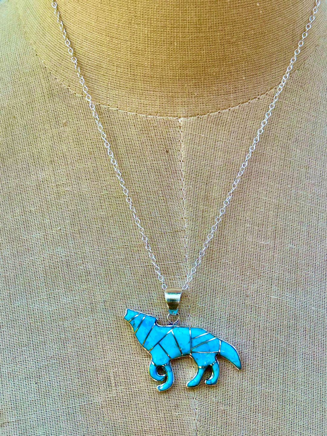 Turquoise Wolf Pendant Necklace, Sterling Silver Chain
