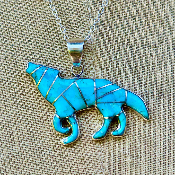Turquoise Wolf Pendant Necklace, Sterling Silver Chain