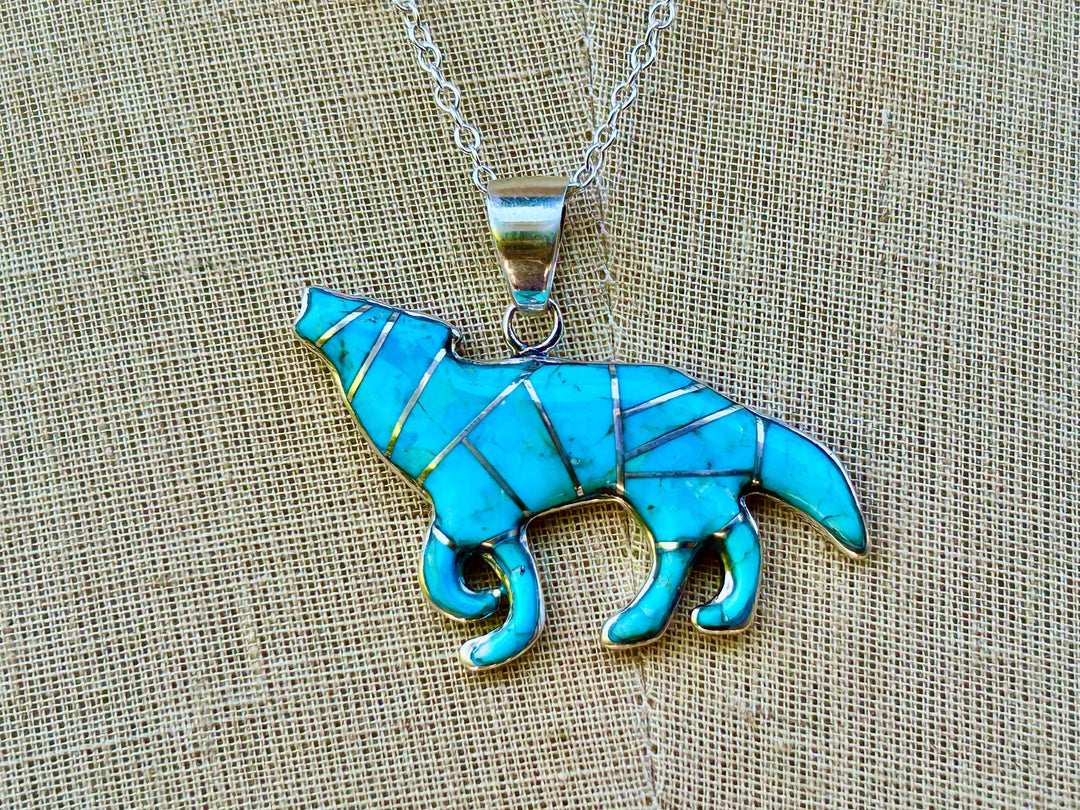 Turquoise Wolf Pendant Necklace, Sterling Silver Chain