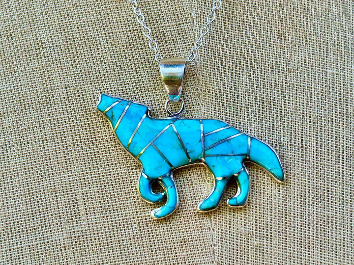 Turquoise Wolf Pendant Necklace, Sterling Silver Chain
