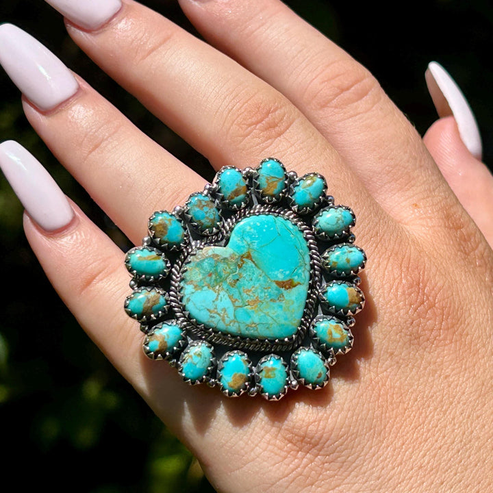 Kingman Turquoise Cluster Ring - Sterling Silver, Turquoise Heart Statement Ring