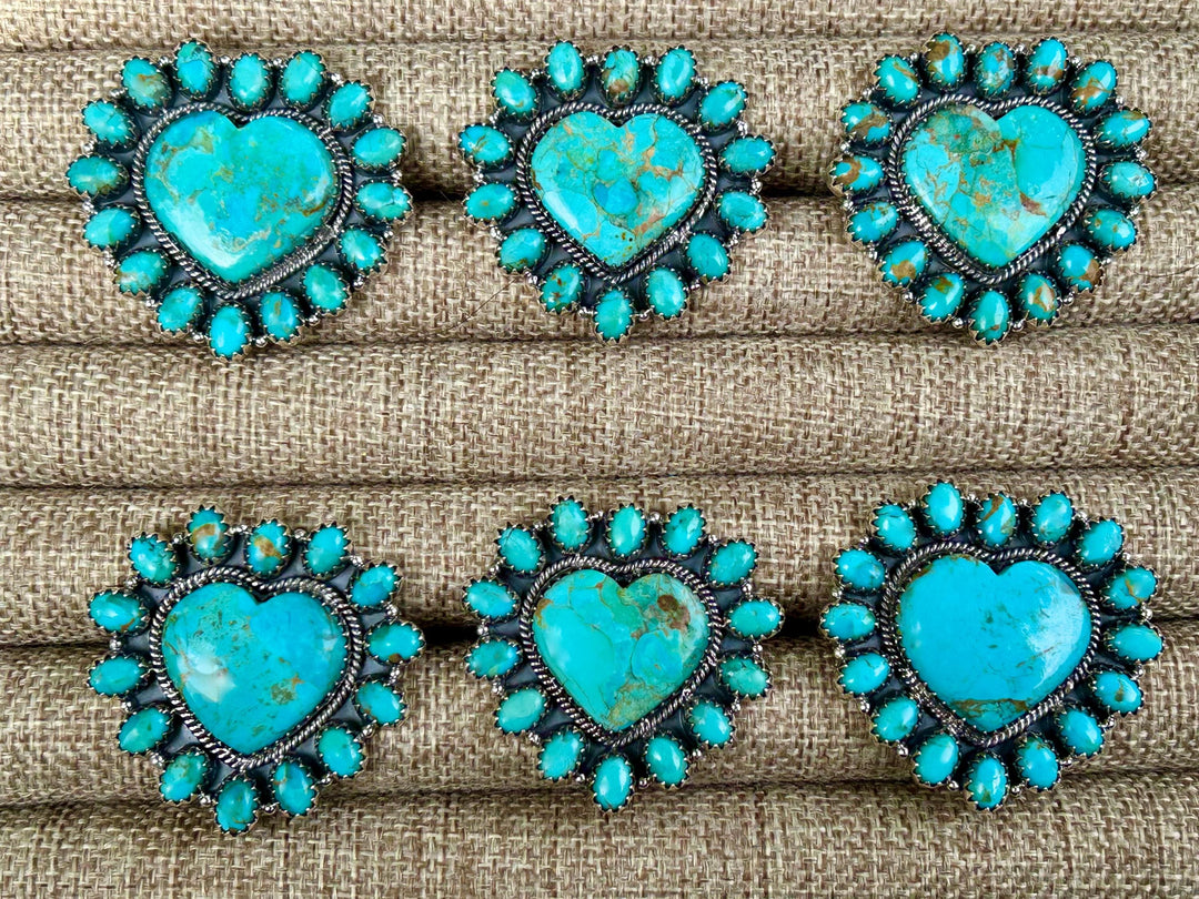 Kingman Turquoise Cluster Ring - Sterling Silver, Turquoise Heart Statement Ring
