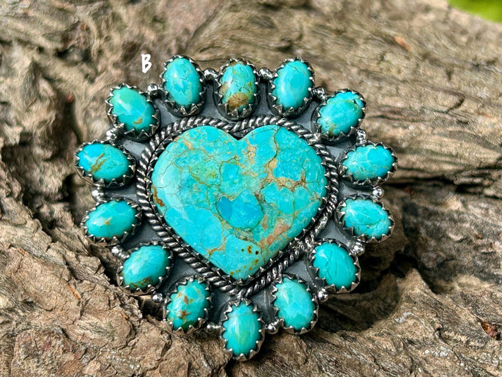 Kingman Turquoise Cluster Ring - Sterling Silver, Turquoise Heart Statement Ring