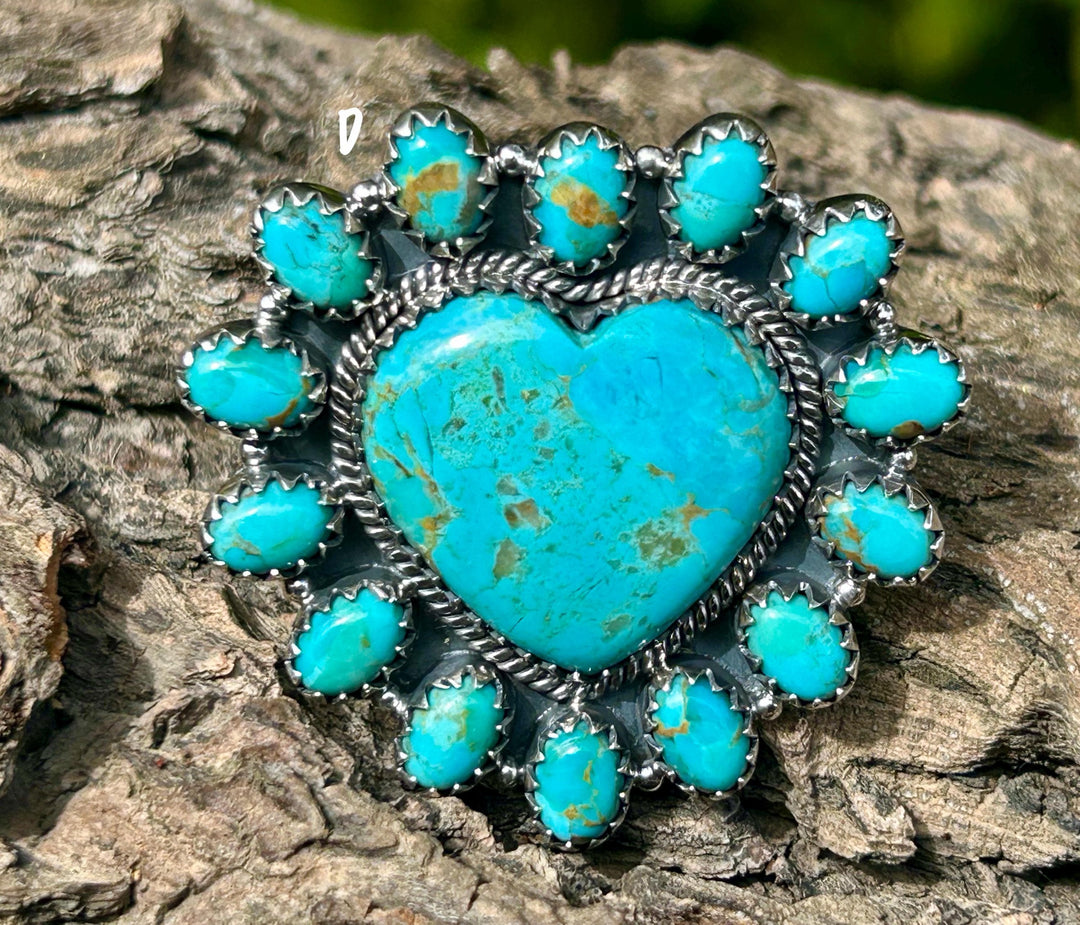 Kingman Turquoise Cluster Ring - Sterling Silver, Turquoise Heart Statement Ring