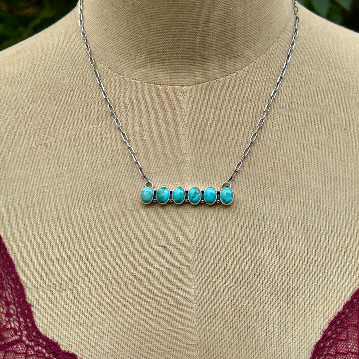 Kingman Turquoise Bar Pendant Necklace - Sterling Silver Paper Clip Chain