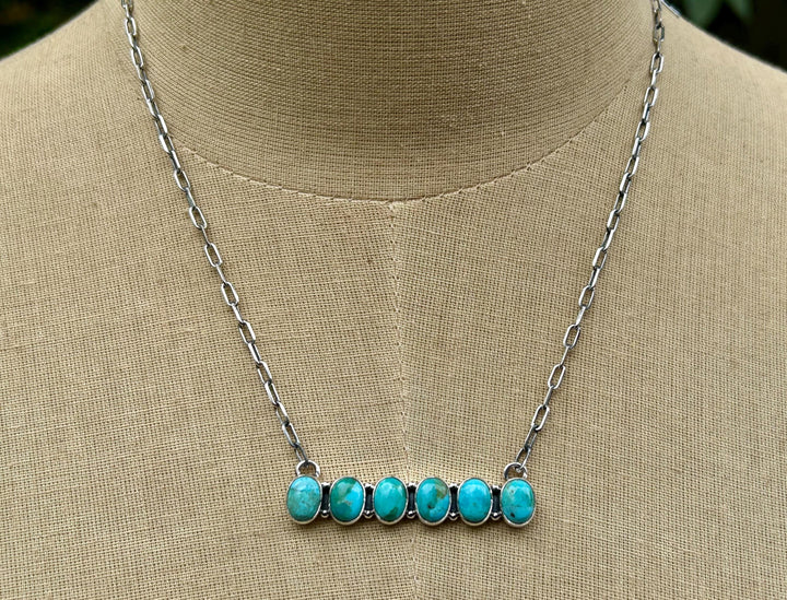 Kingman Turquoise Bar Pendant Necklace - Sterling Silver Paper Clip Chain