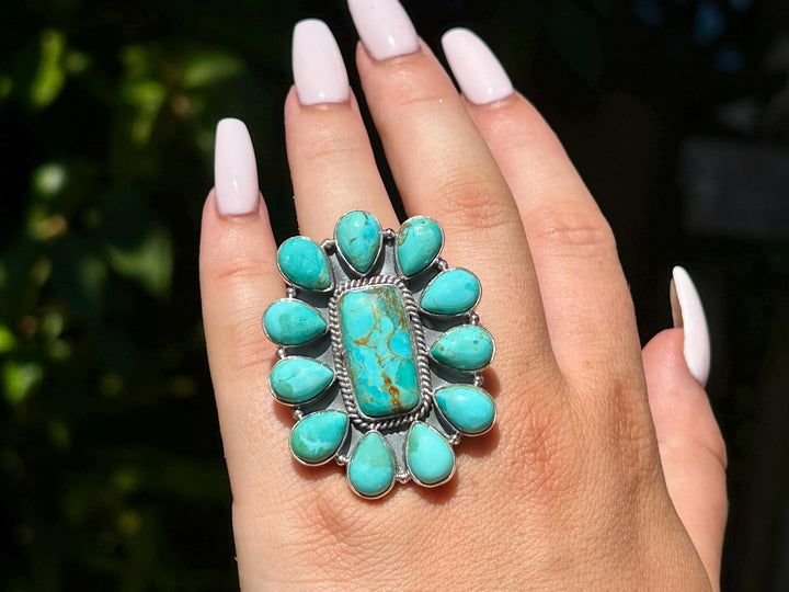 Kingman Turquoise Ring - Sterling Silver - Turquoise Squash Blossom Ring - Adjustable