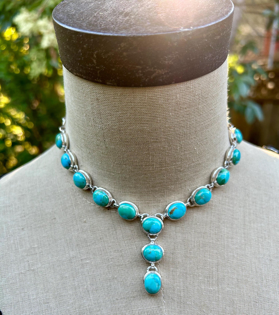 Kingman Turquoise Lariat Necklace, Sterling Silver Choker, Handmade, Adjustable