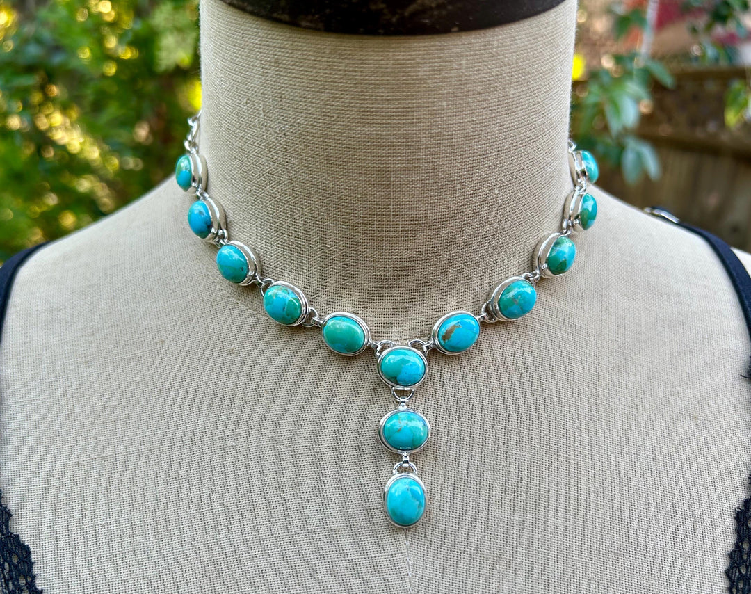 Kingman Turquoise Lariat Necklace, Sterling Silver Choker, Handmade, Adjustable