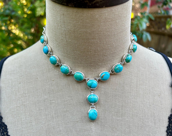 Kingman Turquoise Lariat Necklace, Sterling Silver Choker, Handmade, Adjustable