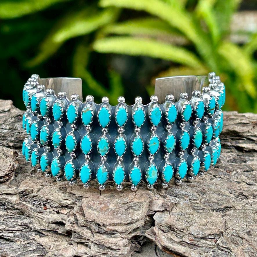 Kingman Turquoise Bracelet – Sterling Silver Turquoise Cuff, Adjustable, Southwest Statement Jewelry