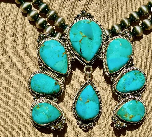 Squash Blossom Turquoise Necklace - Sterling Silver, Kingman Turquoise Necklace