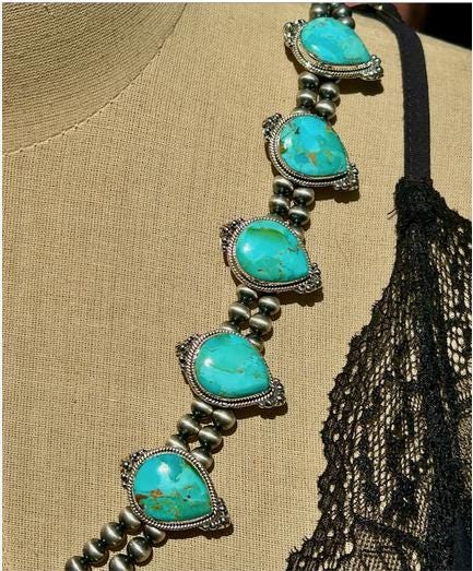 Squash Blossom Turquoise Necklace - Sterling Silver, Kingman Turquoise Necklace