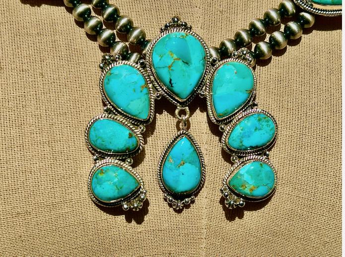 Squash Blossom Turquoise Necklace - Sterling Silver, Kingman Turquoise Necklace