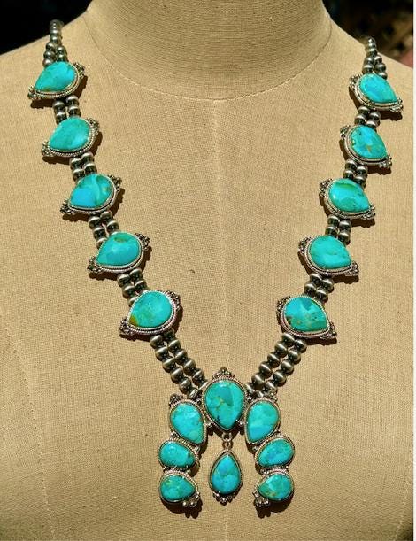 Squash Blossom Turquoise Necklace - Sterling Silver, Kingman Turquoise Necklace
