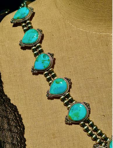 Squash Blossom Turquoise Necklace - Sterling Silver, Kingman Turquoise Necklace