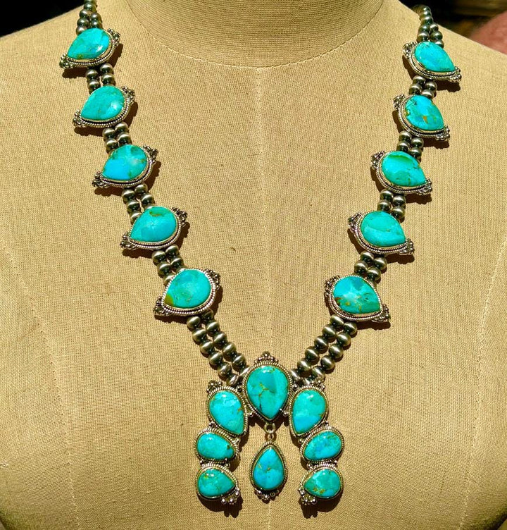 Squash Blossom Turquoise Necklace - Sterling Silver, Kingman Turquoise Necklace