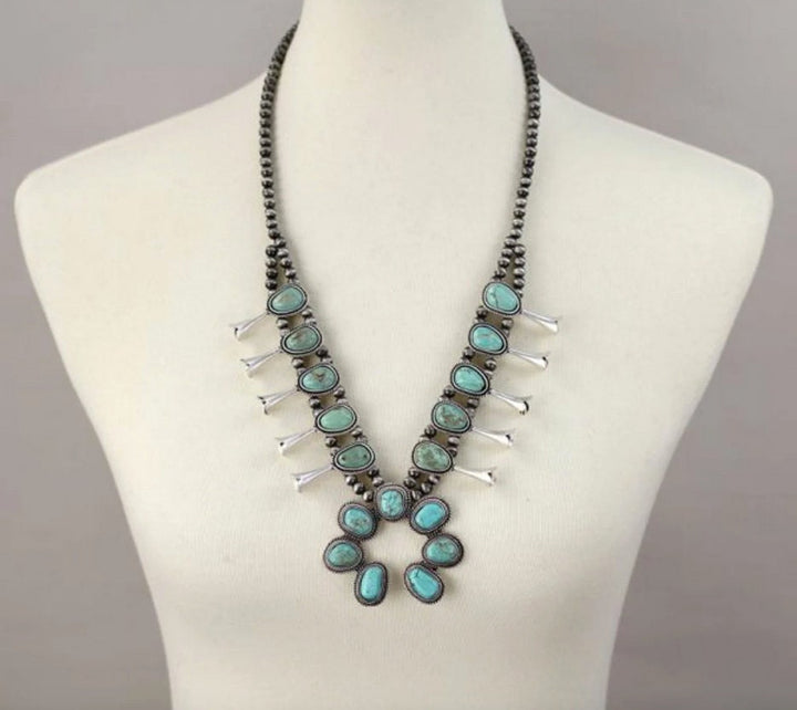 Full Squash Blossom Turquoise Necklace