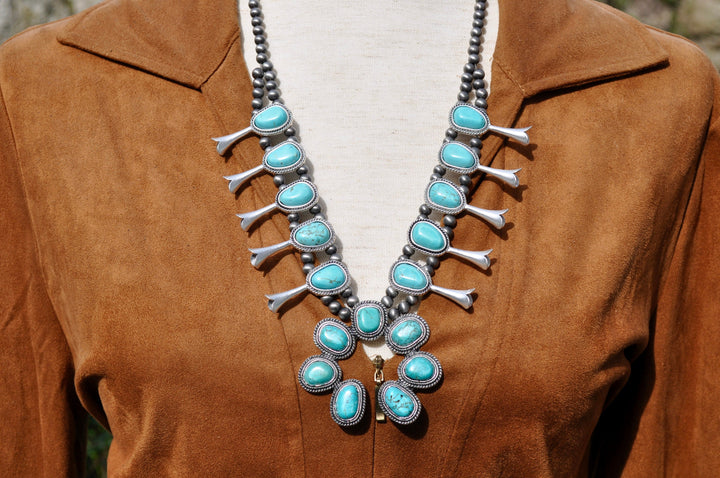 Full Squash Blossom Turquoise Necklace