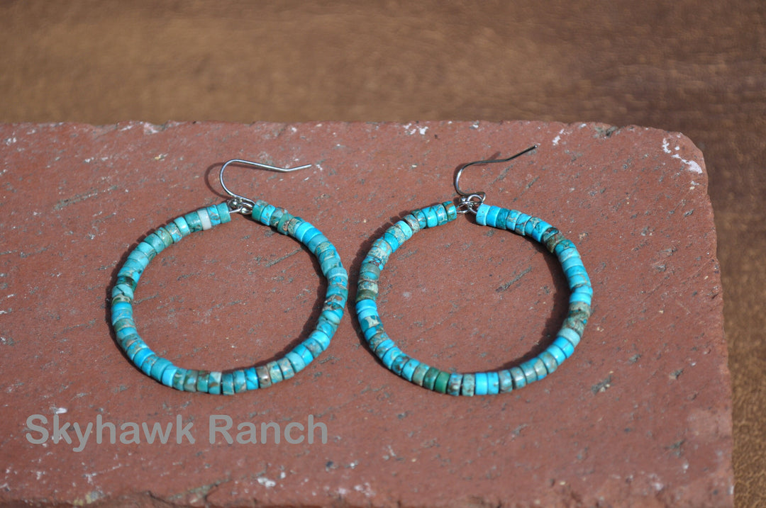 Genuine Turquoise Hoop Earrings -Turquoise Earrings -Turquoise Hoops-Beaded Earrings-Boho Earrings