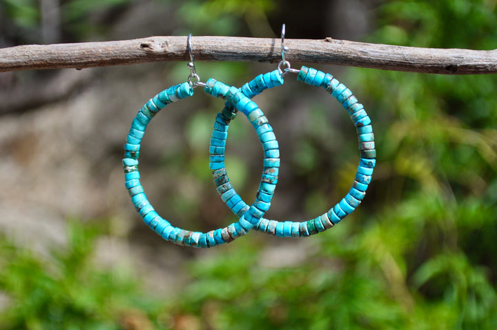 Genuine Turquoise Hoop Earrings -Turquoise Earrings -Turquoise Hoops-Beaded Earrings-Boho Earrings