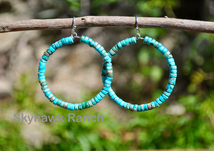 Genuine Turquoise Hoop Earrings -Turquoise Earrings -Turquoise Hoops-Beaded Earrings-Boho Earrings